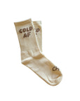 Beige sock with 'COLD AF' text on a white background