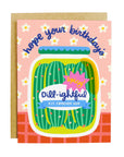 Birthday card with a jar of pickles and text on a pink background
