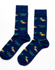 Navy blue socks with duck illustrations and text on a white background