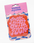Air freshener packaging with pink text and colorful design on a white background