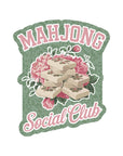 Logo for Mahjong Social Club with tiles and flowers on a green background