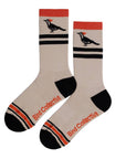 Beige socks with black and red accents and bird illustrations on a white background