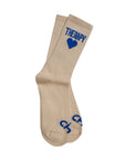 Beige socks with blue text and heart design on a white background