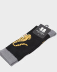 Black socks with gray cuffs and yellow tiger design on a white background, featuring a brand tag.