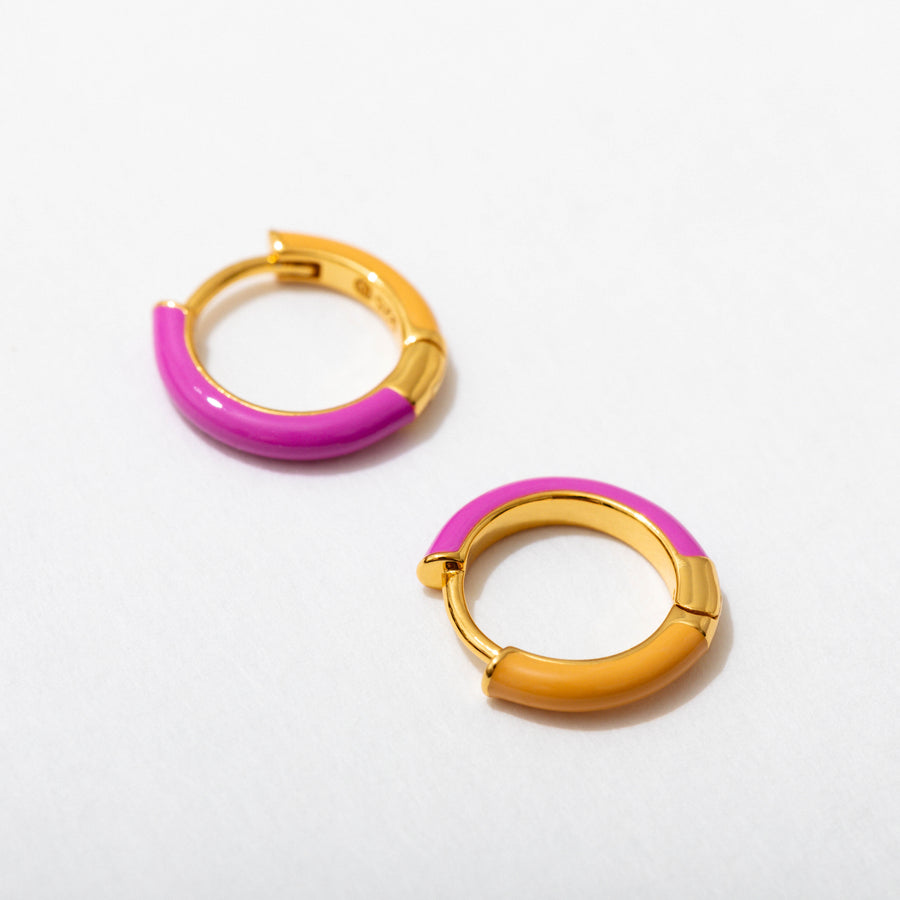 Pink/Orange Two Tone Enamel Huggie Hoops