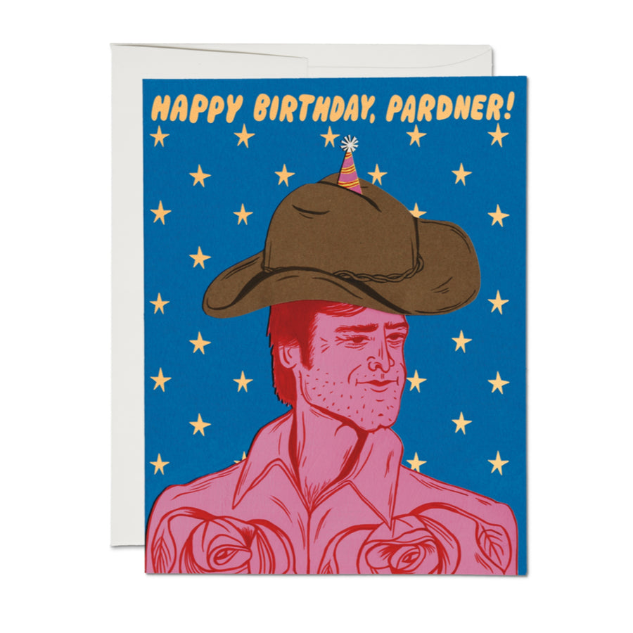 Birthday card with a cowboy illustration and 'Happy Birthday, Pardner!' text on a blue background with stars.