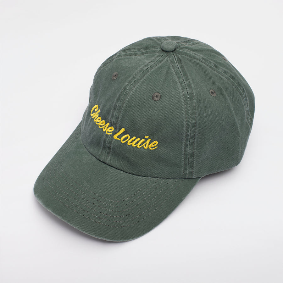 Green cap with 'Cheese Louise' text on a white background