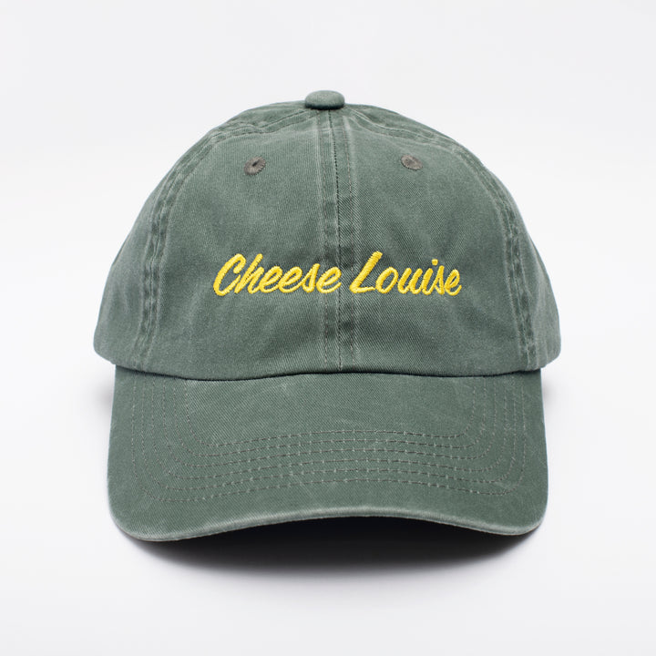 Green cap with 'Cheese Louise' text on a white background