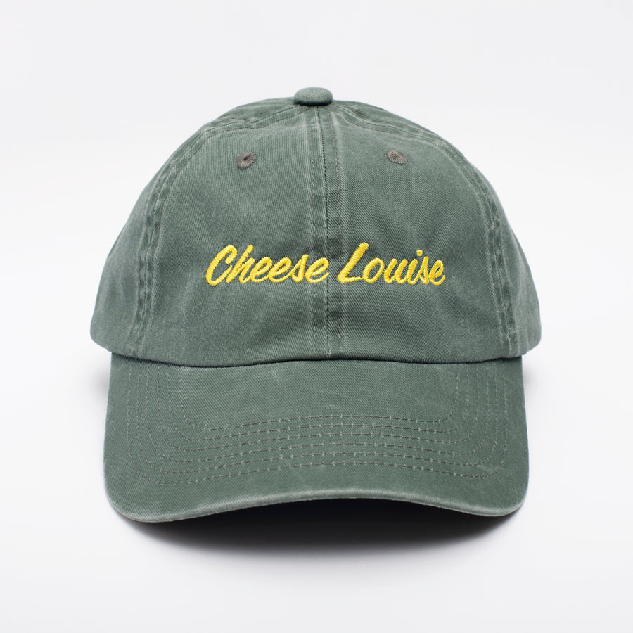 Green cap with 'Cheese Louise' text on a white background