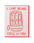 Card with fish illustration and text 'I love being close to you' on a white background
