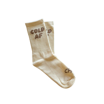 Beige sock with 'COLD AF' text on a white background