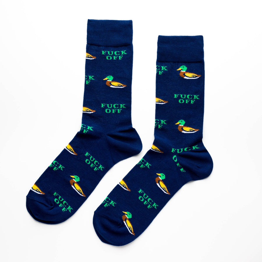 Navy blue socks with duck illustrations and text on a white background