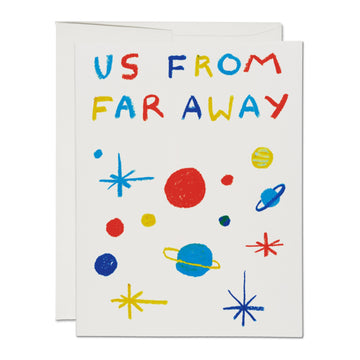 Greeting card with 'Us From Far Away' text and space-themed illustrations on a white background