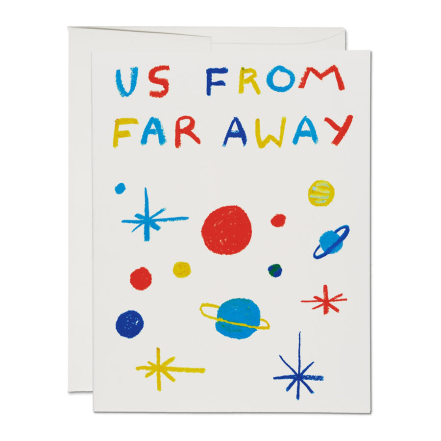 Greeting card with 'Us From Far Away' text and space-themed illustrations on a white background