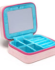Pink and blue jewelry case with mirror on a white background