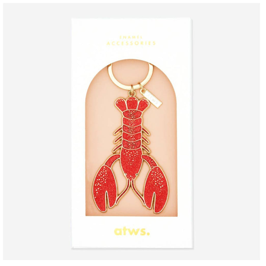 Red lobster pendant on a white card with 'atws.' branding