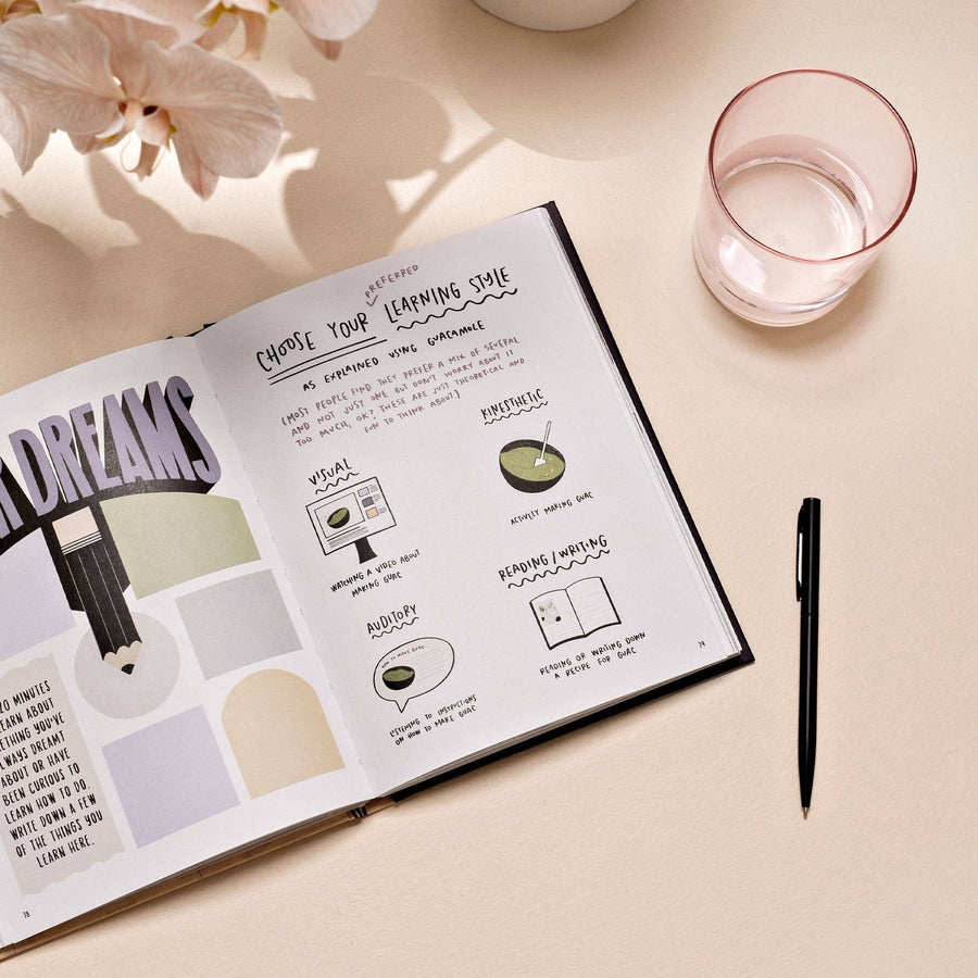 Open notebook with educational content on a light surface with a pen and glass of water.