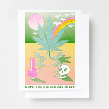 Greeting card with cannabis leaf, bong, and skull design on a colorful background.