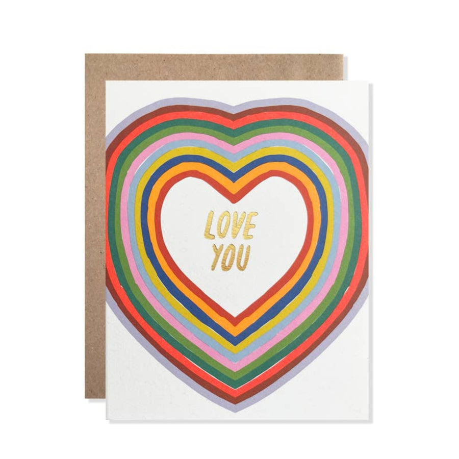 Greeting card with rainbow heart design and 'Love You' text on a white background