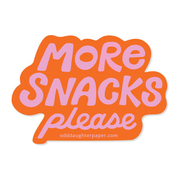 Sticker with 'More Snacks Please' text in pink on an orange background, featuring the brand 'odddaughterpaper.com'.