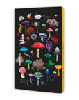 Notebook with colorful mushroom illustrations on a black background