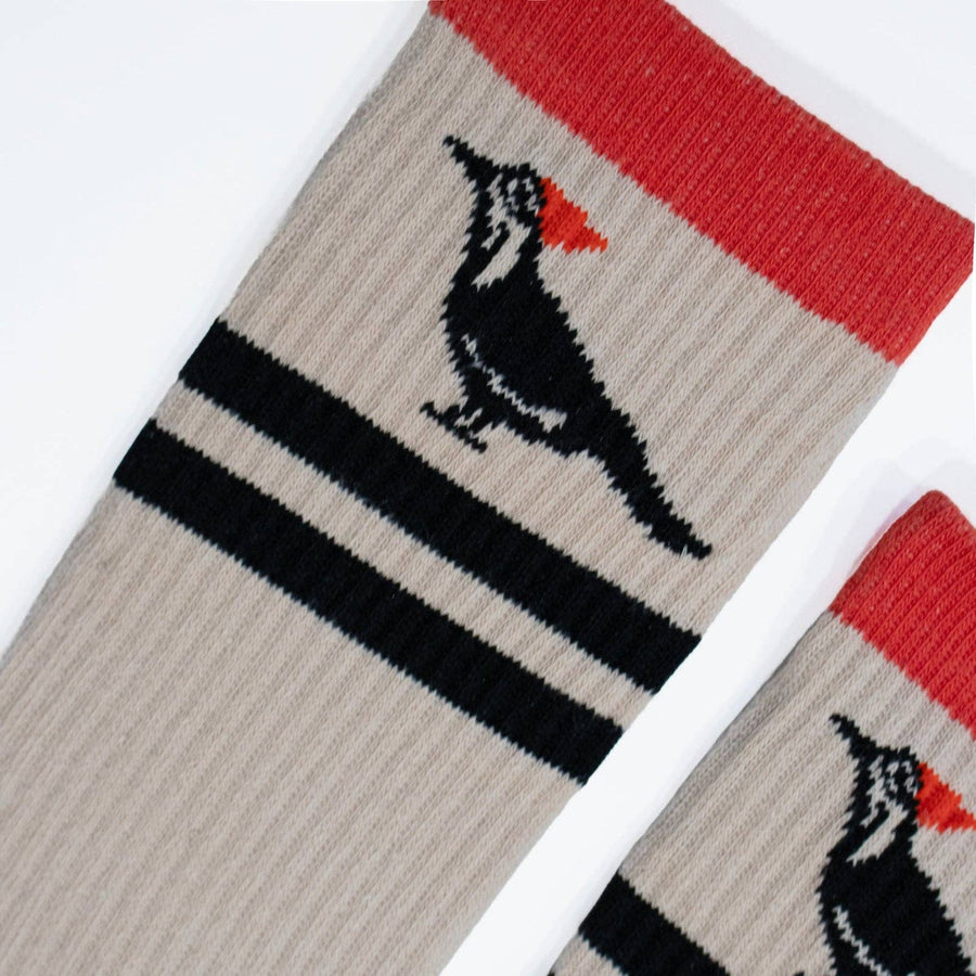 Sock with a woodpecker design and red, black, and beige colors on a white background