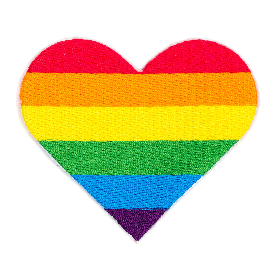 Heart-shaped patch with rainbow stripes on a white background