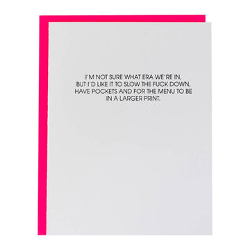 Card with humorous text on a white background with pink border