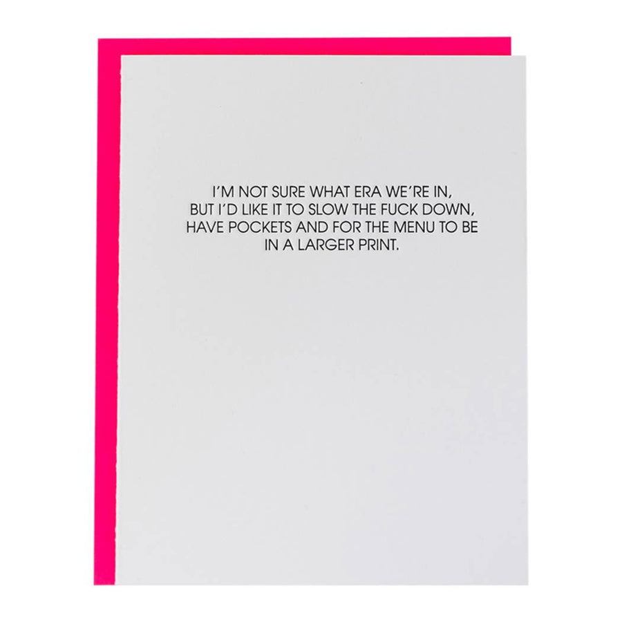 Card with humorous text on a white background with pink border