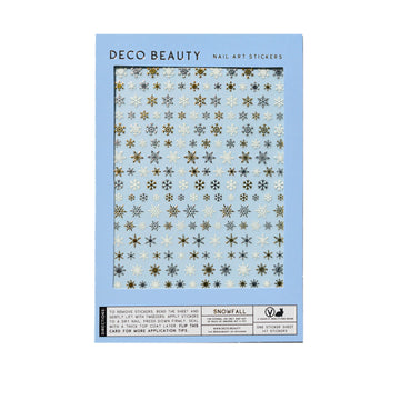 Packaging of Deco Beauty nail art stickers with snowflake designs on a blue background