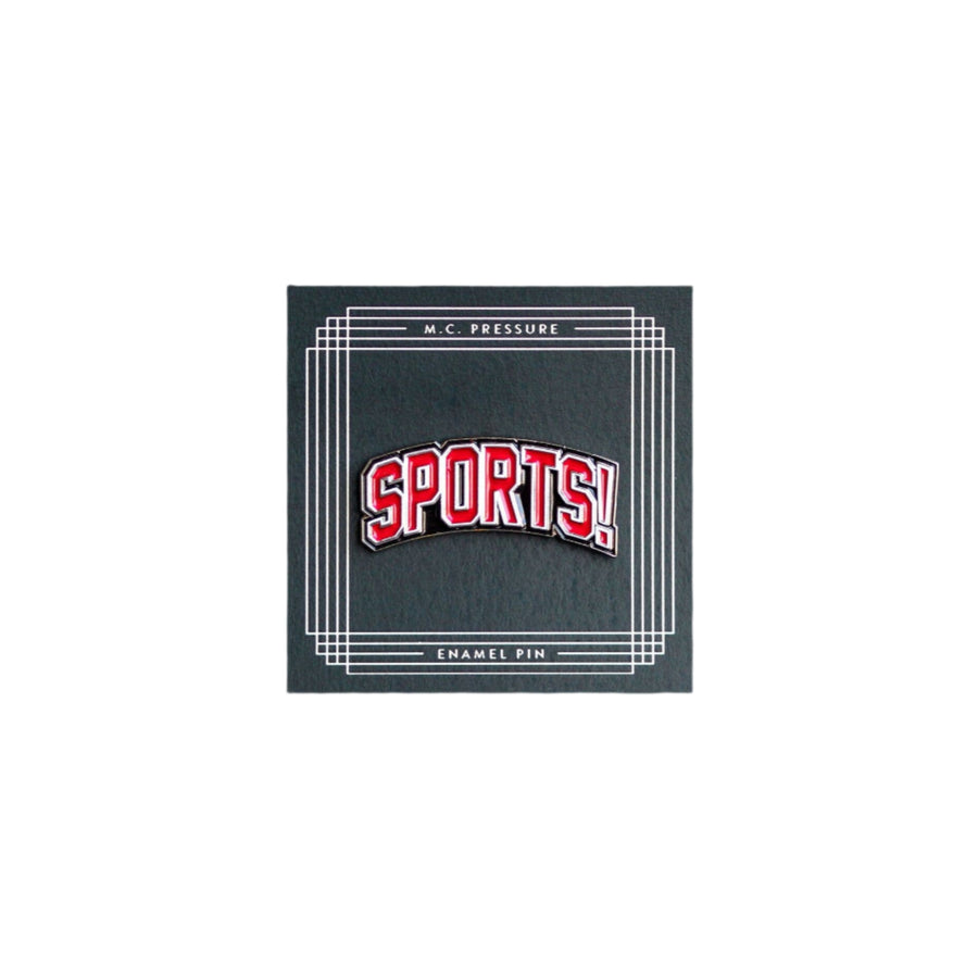Enamel pin with 'SPORTS!' text on a black background