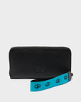 Black wallet with a blue strap featuring eye designs on a light gray background