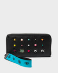Black wallet with colorful embellishments on a light gray background