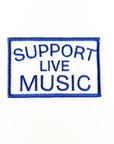 Embroidered patch with 'Support Live Music' text on a white background