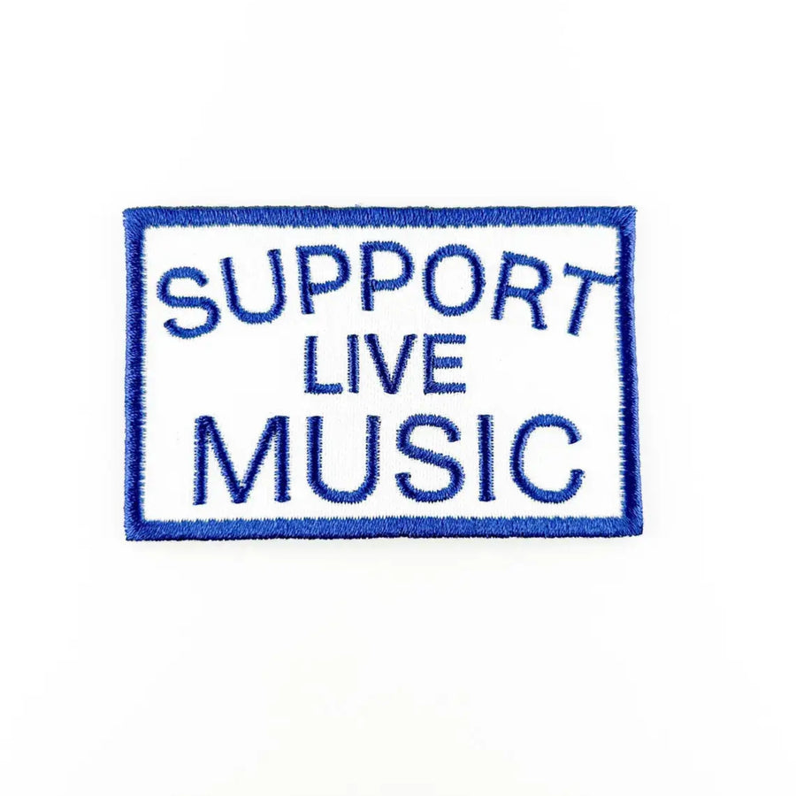 Embroidered patch with 'Support Live Music' text on a white background
