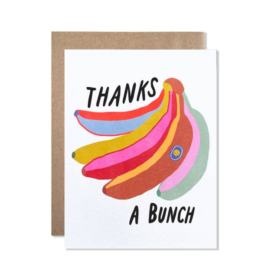 Greeting card with colorful bananas and 'Thanks a Bunch' text on a white background