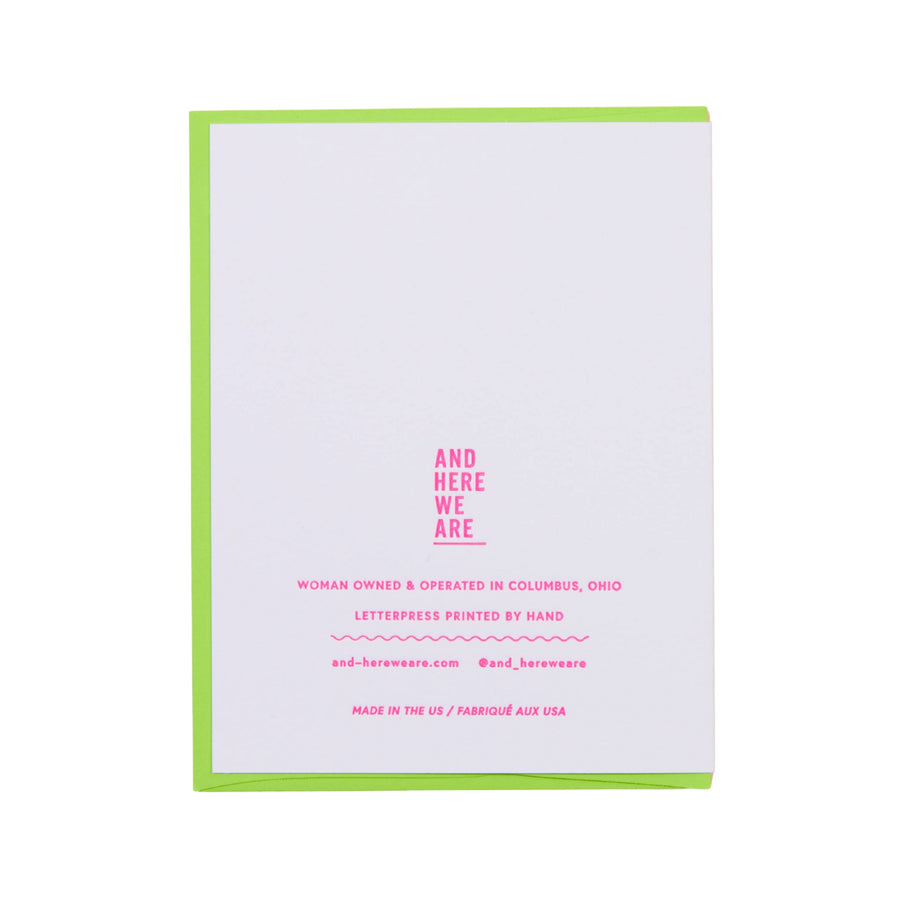 Card with 'And Here We Are' branding and text on a white background