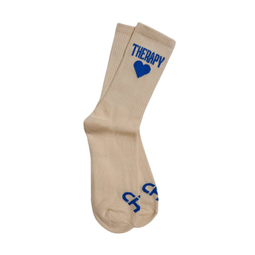 Beige socks with blue text and heart design on a white background