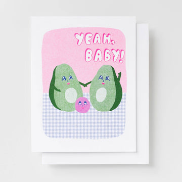 Card with two avocados holding hands and a baby ball, with 'Yeah, Baby!' text on a pink and white checkered background.