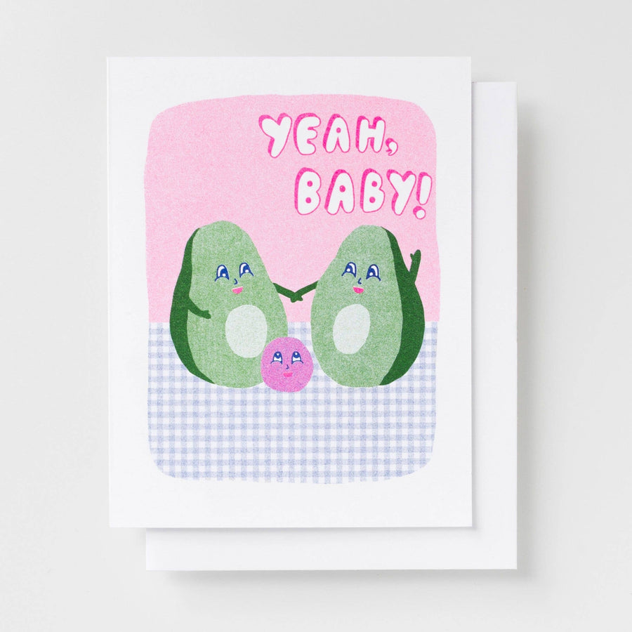 Card with two avocados holding hands and a baby ball, with 'Yeah, Baby!' text on a pink and white checkered background.