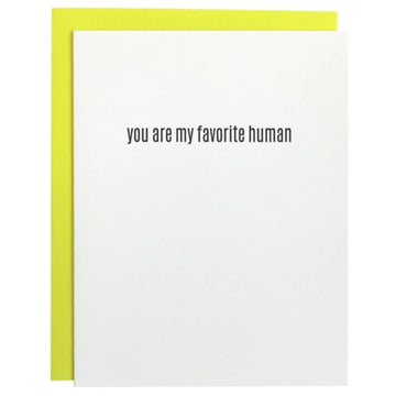 Greeting card with 'you are my favorite human' text on a white background with a yellow border