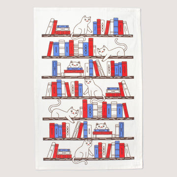 Bookshelf Cats Tea Towel