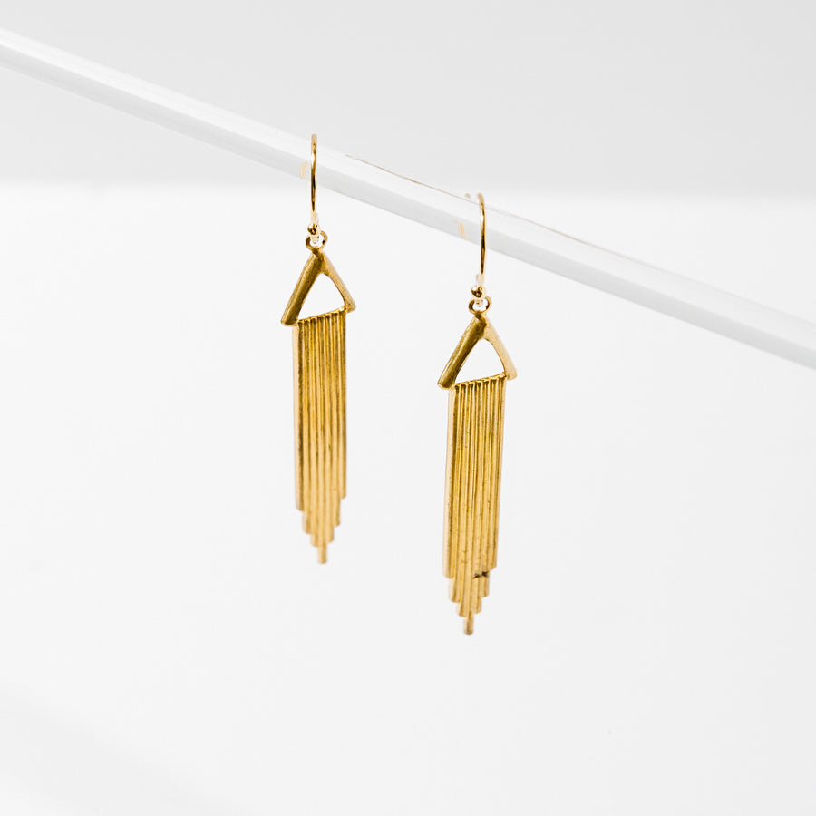 Art Deco style metal stampings. Earrings are approx. 1 1/2 inches long and hang on gold-filled nickel-free ear wires.