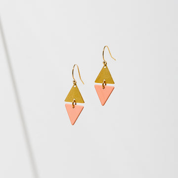 Larissa Loden Jewelry, Handmade in MN. Alta Earrings, A brass mini triangle accented with colored rubberized brass. Earrings are approx. 1 inch long. Gold filled and hypoallergenic ear wires.