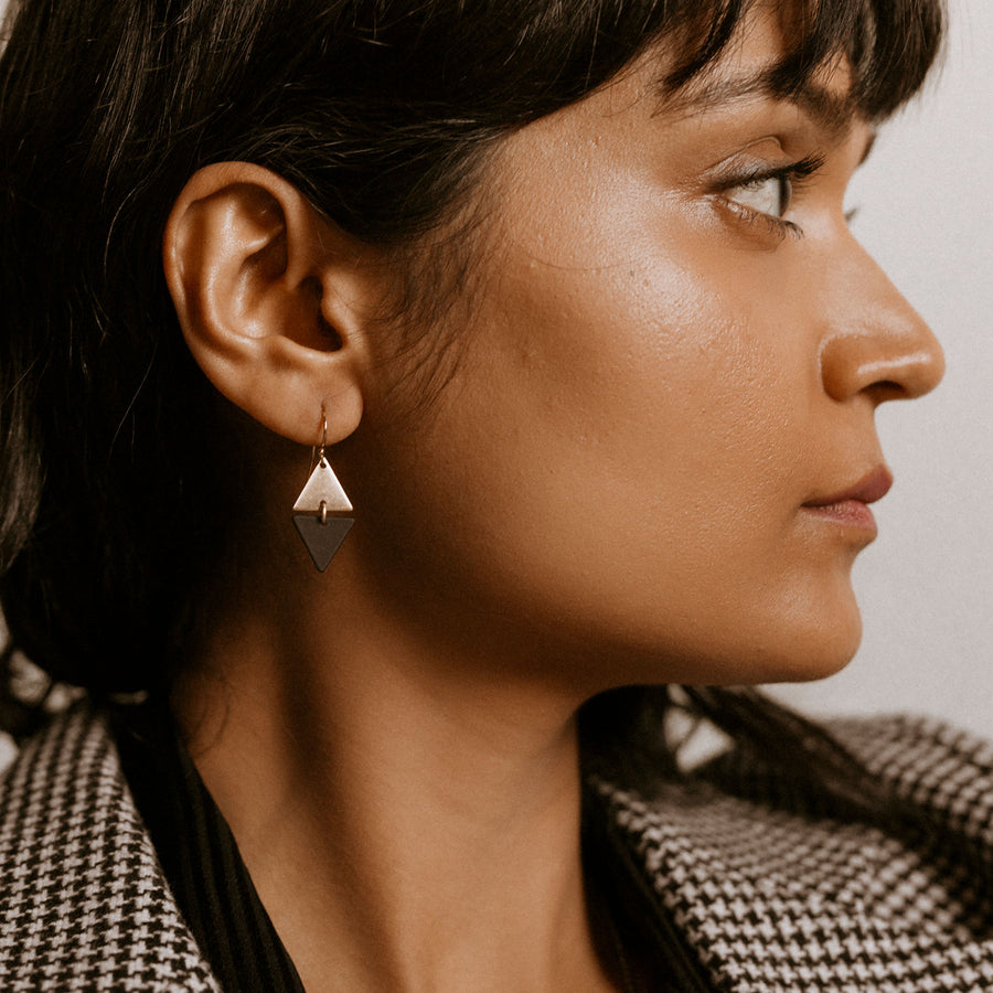 Larissa Loden Jewelry, Handmade in MN. Alta Earrings, A brass mini triangle accented with colored rubberized brass. Earrings are approx. 1 inch long. Gold filled and hypoallergenic ear wires.