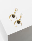 Larissa Loden Jewelry, Handmade in MN. Santorini Earrings, Open crescent shape with a natural cut gemstone in the center. Earrings are approx. 3 inches long. Gold filled ear wires.