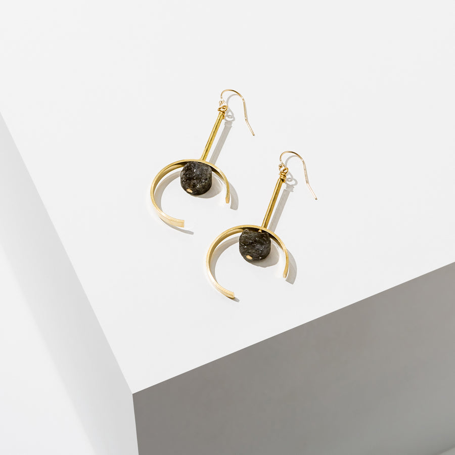 Larissa Loden Jewelry, Handmade in MN. Santorini Earrings, Open crescent shape with a natural cut gemstone in the center. Earrings are approx. 3 inches long. Gold filled ear wires.