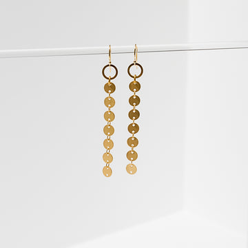 Larissa Loden Jewelry, Handmade in MN. Candra Earrings, Matte gold circle chain suspended from brass circles. Earrings are 2 1/4 inches long. Gold filled and nickel free ear wires.